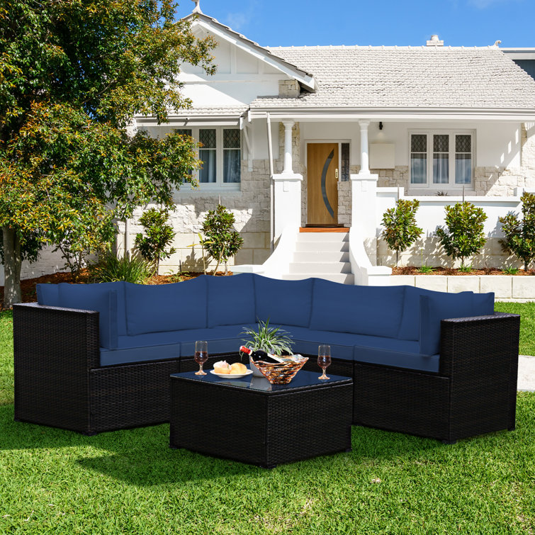 Patiojoy 6 Pcs Patio Rattan Furniture Set Outdoor Wicker Conversation Sofa Set W tempered Glass Coffee Table Navy